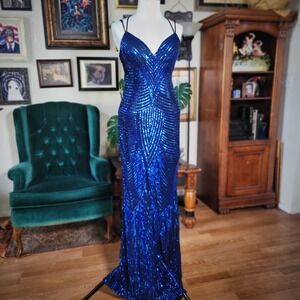 Windsor Royal Blue Sequin Gown Strappy Open Back Prom Evening Glam Maxi Dress